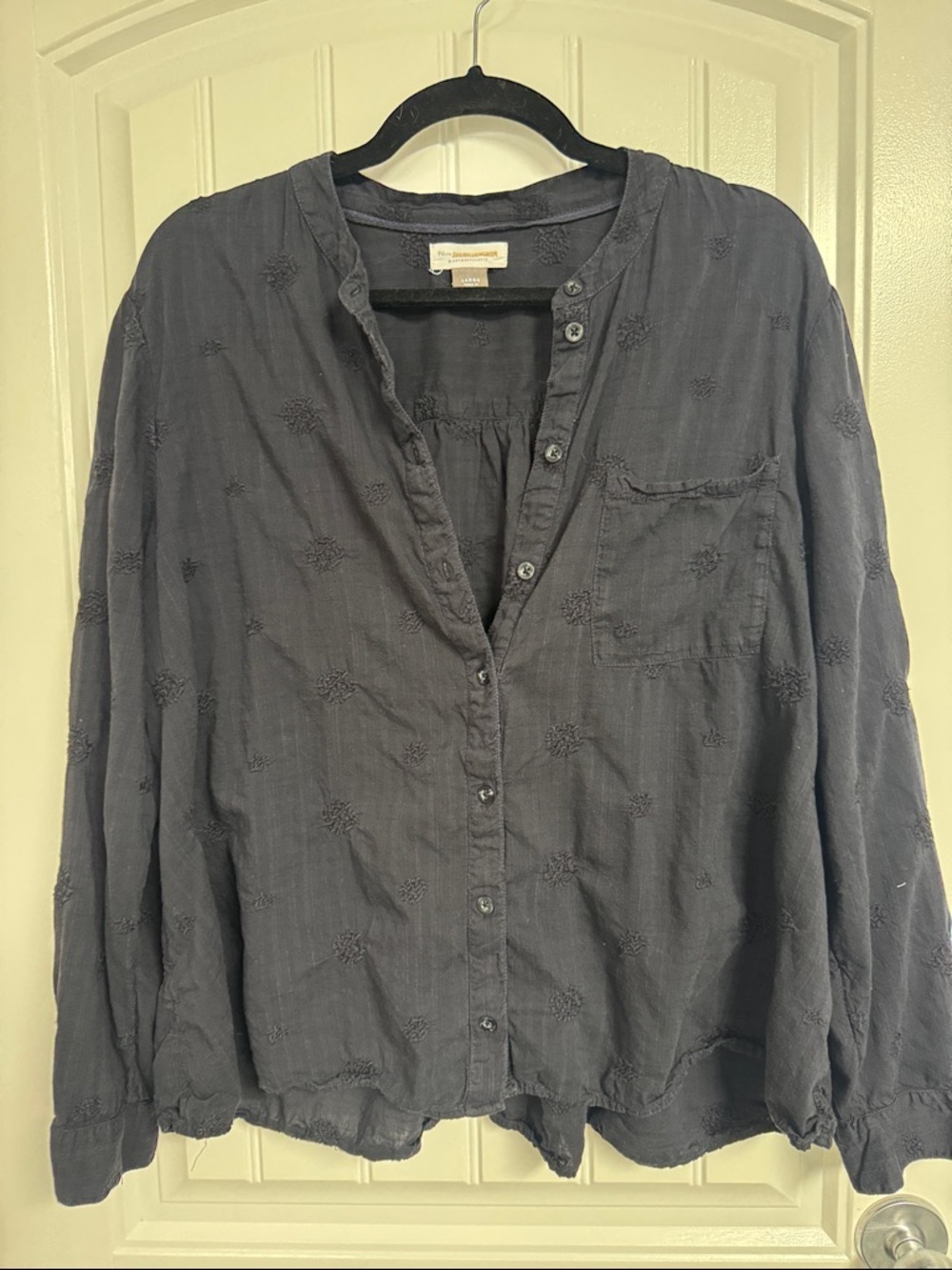 Anthropologie Washed Embroidered Button-Front Top in navy